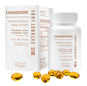 Extract Labs Cognitive Support CBG Softgels, 33mg of CBG, and 33mg of CBD per capsule.