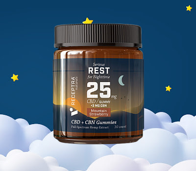 Best For Sleepless Nights Due To Pain: CBN Sleep Gummies: Receptra Serious Rest 25mg CBD + CBN Gummies