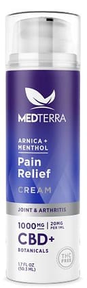 Medterra CBD Pain Relief Cream, 1000mg CBD, 1.7 fluid ounce pump bottle.