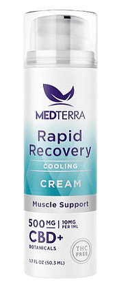 Medterra CBD Rapid Recovery Cream, Cooling, 500mg CBD plus Botanicals, THC Free, 1.7-fluid ounce pump bottle.