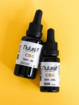 NuLeaf Naturals Full Spectrum CBG Tinctures bottles with bright yellow backround and best CBG oil product