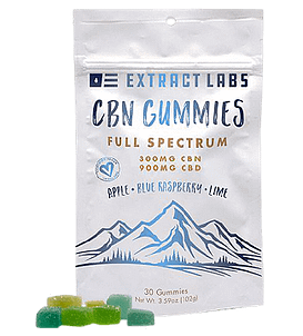 Extract Labs CBD Gummies, 10mg CBN, 30mg CBD per gummy, 30 Apple, Lime, and Blue Raspberry Gummies.