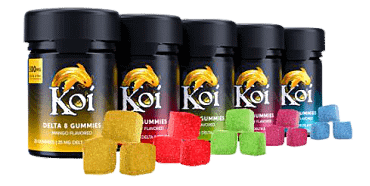 Koi Delta 8 THC Gummies, Five Flavor Options.