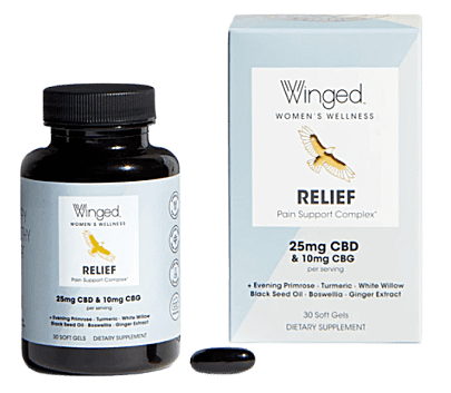 Best For PMS Relief, Winged Relief Pain Support CBD Soft Gels.