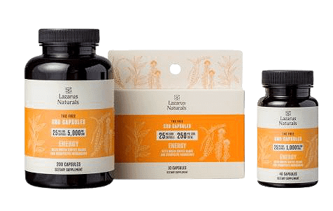 Lazarus Naturals, THC Free CBD Energy Capsules, 250mg CBD total, with Green Coffee Bean and Cordyceps Mushroom, 10 capsules, 40 capsules, 200 capsules containers. 