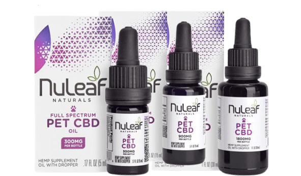 NuLeaf Naturals CBD Pet Oil, 300mg CBD, 900mg CBD, 1800mg CBD Per Bottle, 3mg of CBD Per Drop, Unflavored, 0.5-fluid ounce and 1-fluid ounce bottles.