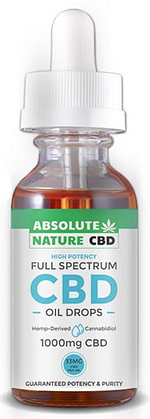 Full Spectrum CBD Oil 1000mg - Absolute Nature CBD (3) A green and blue absolute nature full spectrum CBD bottle with CBD oil drops, 1000mg CBD written on it