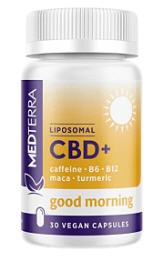 Medterra Liposomal CBD+ Good Morning Capsules, Each pill has 25mg of CBD and 30 vegan capsules per container.