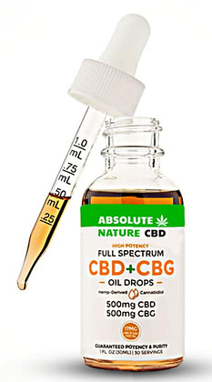 Absolute Nature CBD Full Spectrum 1000mg CBG & CBD Oil product image (1) A green and orange absolute nature full spectrum bottle with CBD+CBG oil drops, 500mg CBD and 500mg CBG written on it
