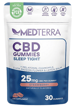 Medterra CBD Sleep Tight Gummies, 25mg CBD per strawberry gummy, 30 gummies per bag.