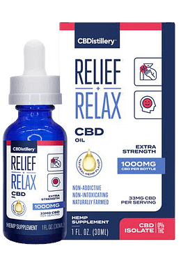CBDistillery THC-Free Pure CBD Oil relax+relief 1000mg CBD in a 1-fluid ounce bottle.