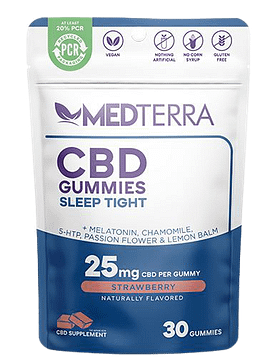 Medterra Sleep Tight CBD Gummies, 25mg CBD Per Gummy, 30 Strawberry Gummies.