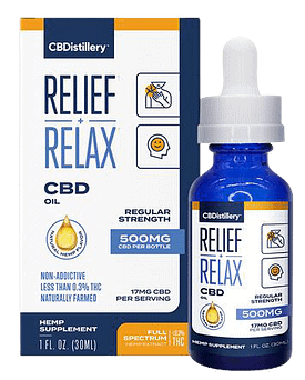 CBDistillery Full-Spectrum CBD Oil Tincture This CBD Oil Tincture is CBDistillery’s most popular affordable CBD oil with the CBD oil bottle next to a white and blue box it comes in.