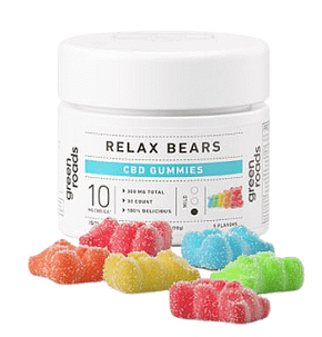 Green Roads Relax Bears CBD Gummies container with red, green, blue gummies in front of it.
