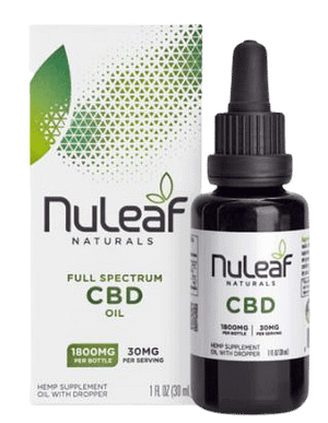NuLeaf Naturals Full Spectrum CBD Oil, Unflavored, 1800mg CBD Per Bottle, 30mg CBD Per Serving in a 1-fluid ounce bottle.