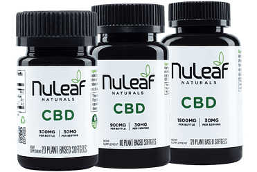 NuLeaf Naturals CBD Softgel Capsules, 300mg, 900mg, 1800mg CBD, 60 plant based softgels bottle.