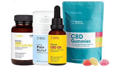 Bluebird Botanicals CBD1 Bluebird Botanicals CBD, sogtgels, pain relief cream, classic CBD oil, CBD gummies.