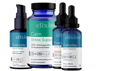 Elixinal CBD products, Everyday Balance Tincture, Calm Stress Support Capsules.
