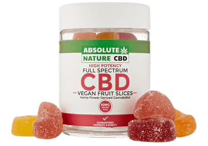 Absolute Nature CBD Full Spectrum CBD Fruit Slice Gummies, 1 Fruit Slice contains 30mg of CBD+CBDv, 30 Vegan Fruit Slices per container.