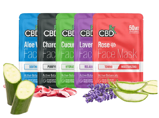 CBDfx CBD Face Mask, 5 Variations, Aloe Vera, Charcoal, Cucumber, Lavender, Rose, 50mg CBD, 1 Mask per bag.