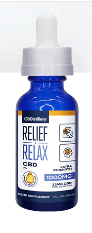 The CBDistillery Full Spectrum CBD Oil 1000mg A blue CBDistillery bottle with relief + relax CBD oil 1000mg written on it