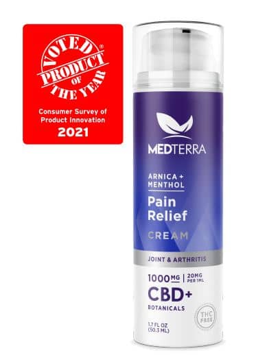 Medterra Pain Relief Cream Medterra Pain Relief Cream, 1000mg CBD strength, 1.75-ounce container.