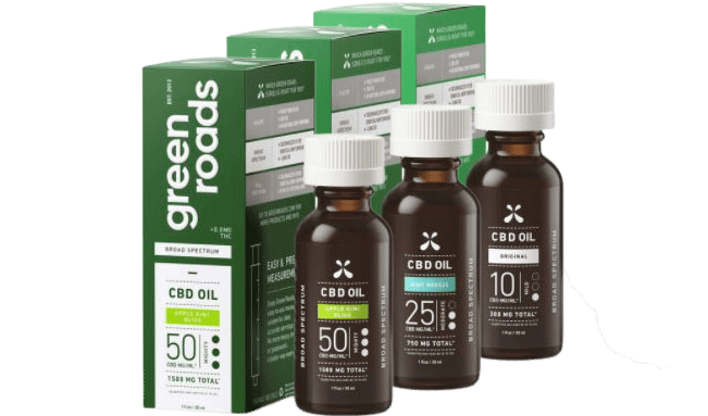 Green Roads Broad Spectrum CBD Oil Green Roads Broad Spectrum CBD Oil, 50mg, 25mg, and 10mg CBD Per Serving, Apple Kiwi Bliss, Mint Breeze and Original Flavors, 1-fluid ounce bottles.